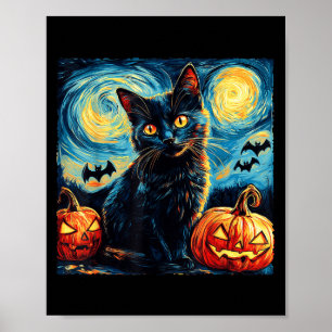 Poster Halloween Van Gogh Nuit Étoilée Chat Noir Citrouil