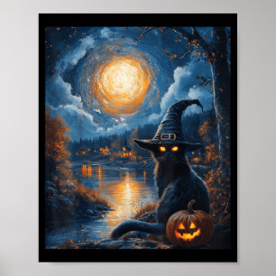 Poster Halloween Van Gogh Nuit Étoilée Chat Noir Citrouil