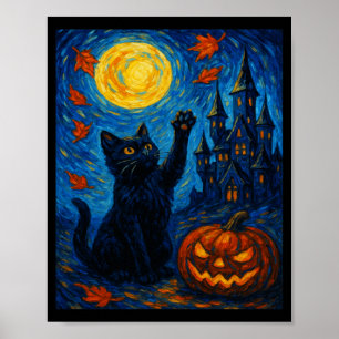 Poster Halloween Van Gogh Nuit Étoilée Chat Noir Citrouil