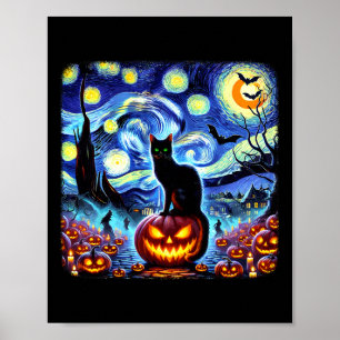 Poster Halloween Van Gogh Starry Night Chat noir Citrouil