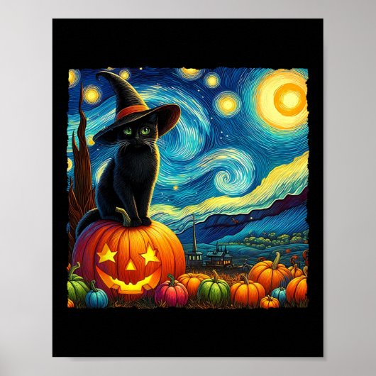 Poster Halloween Van Gogh Starry Nuit Noir Chat Sorcière (Devant)