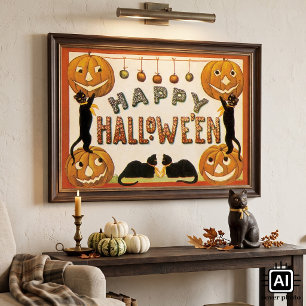 Poster Halloween vintage, chats noirs avec Jackolanterns