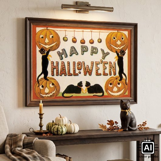 Poster Halloween vintage, chats noirs avec Jackolanterns