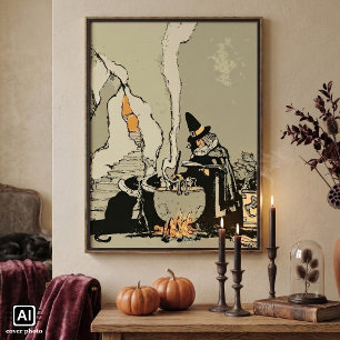 Poster Halloween vintage, sorcière avec chaudron et chats