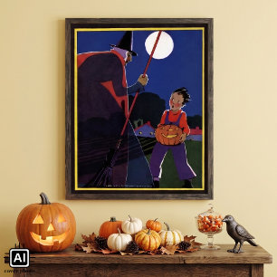Poster Halloween vintage, sorcière effrayante avec garçon
