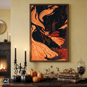 Poster Halloween vintage, sorcière maléfique avec feu en