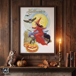 Poster Halloween vintage, Sorcière volante avec un chat n