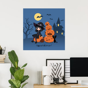 Poster Halloween Witch, Chat noir et Citrouille
