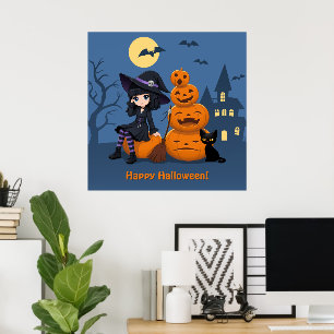 Poster Halloween Witch, Chat noir et Citrouille