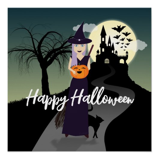 Poster Halloween Witch Citrouille Chat noir Votre texte (Devant)