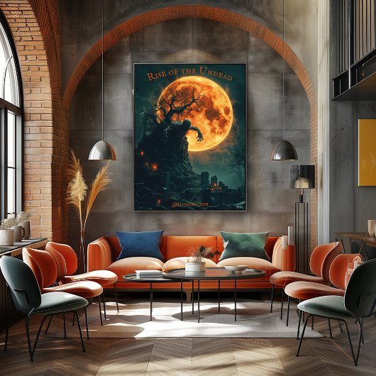 Poster Halloween Zombie se levant avec Pleine lune et cim