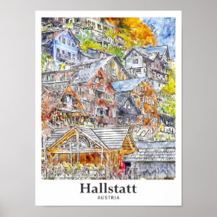 Poster Hallstatt Autriche Voyage Aquarelle main tirée