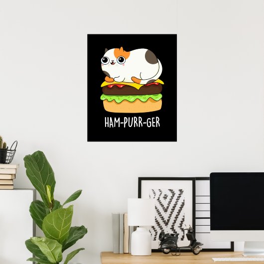Poster Ham-Purr-Ger Funny Chat Hamburger Pun Dark BG (Bureau à domicile)