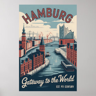 Poster Hambourg Allemagne Rétro Skyline Paysage Urbain Vo