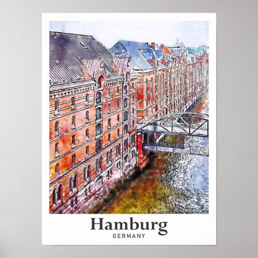 Poster Hambourg Allemagne Voyage Aquarelle main tirée (Devant)