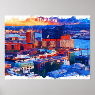 Poster Hambourg Allemagne Vue ville Aquarelle