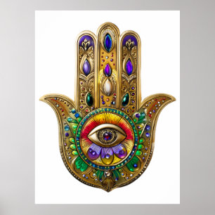Poster Hamsa Améthyste Rubis Troisième Œil Peint en Or