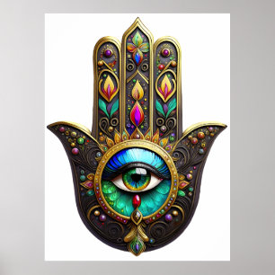 Poster Hamsa Brun Coloré Troisième Oeil Arc-en-ciel