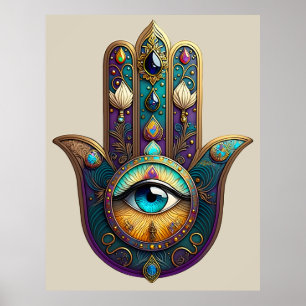Poster Hamsa Violet Turquoise avec Troisième Œil Turquois