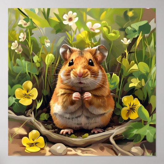 Poster Hamster Syrien D'Or Dans Un Champ Fleuri (Devant)