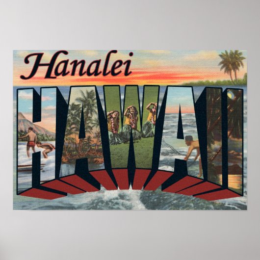 Poster Hanalei, Hawaii - Large Letter Scenes (Devant)