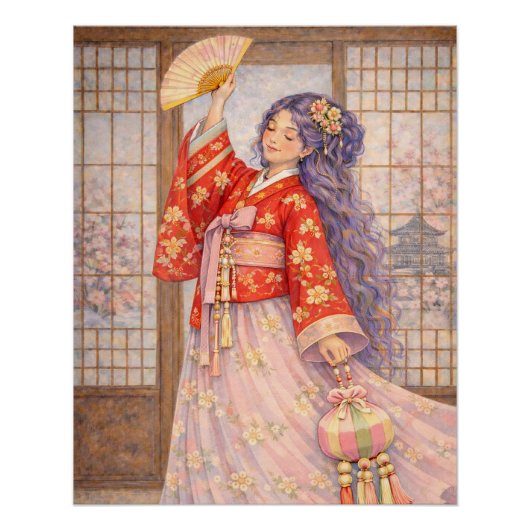 Poster Hanbok Élégant avec Éventail (Devant)