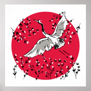 Poster Hand drawn Crane bird, Graphic illustration bird a