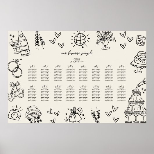 Poster Hand Drawn Vintage Whimsical Wedding Seating Chart (Devant)