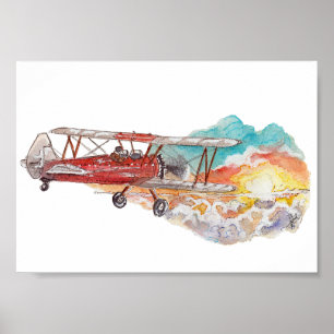 Poster Hand Painted Biplane Bush Plane Sunset Watercolor