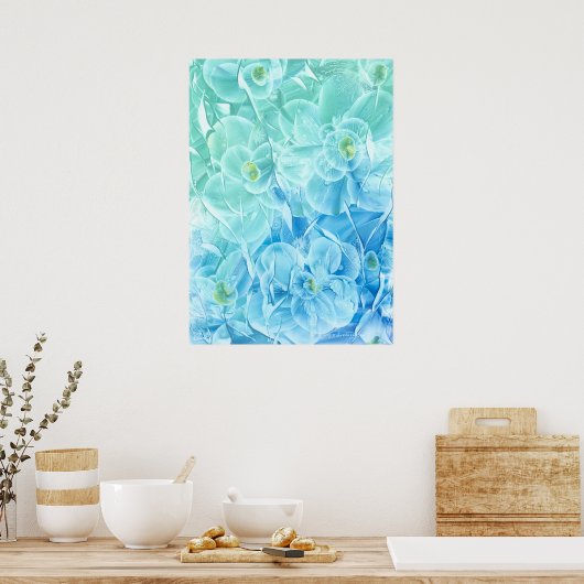 Poster Hand Painted Blue Green Flower Design (Cuisine)