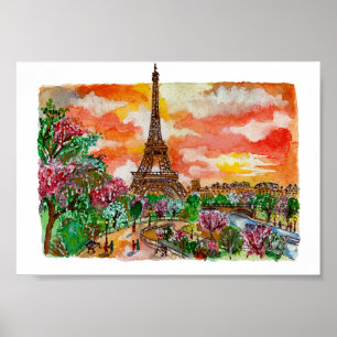 Poster Hand Painted Eiffel Tower Paris Watercolor Art