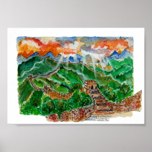Poster Hand Painted Great Wall of China Watercolor Art