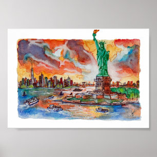 Poster Hand Painted New York Liberty Statue Watercolor