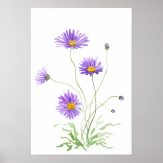 Poster hand painted purple daisy watercolour