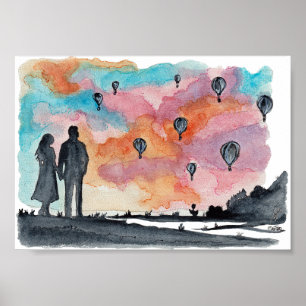 Poster Hand Painted Romantic Couple Balloons Watercolor
