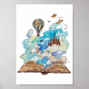 Poster Hand Painted Storybook Flying Castle Watercolor
