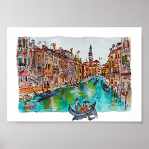 Poster Hand Painted Venice Canals and gondolas Watercolor