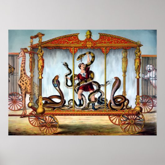 Poster Handler de serpent de cirque vintage et animaux en (Devant)