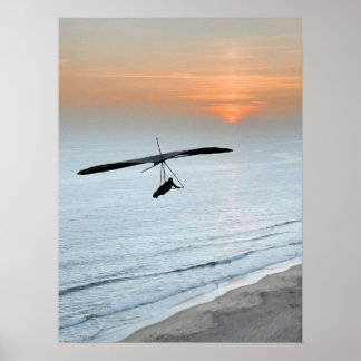 Poster Hang Glider Silhouette Ocean Sunset Beach Coastal