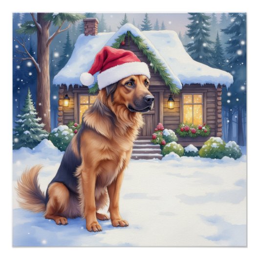 Poster Hanoverian Scenthound Snowy Forest Cabin Santa Hat (Devant)