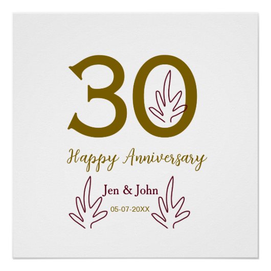 Poster Happy 30th anniversary name date golden red leaf (Devant)