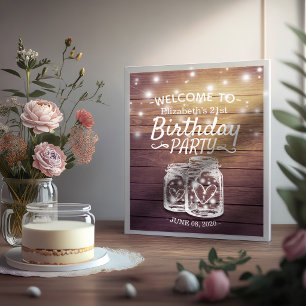 Poster Happy Birthday Party Wood Mason Jar Lights Welcome