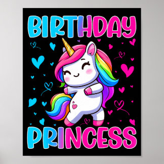 Poster Happy Birthday Princess Unicorn Cute Rainbow Heart