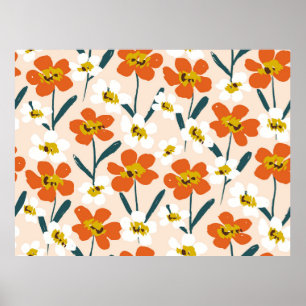 Poster Happy dry painted blooms seamless Vintage pattern.