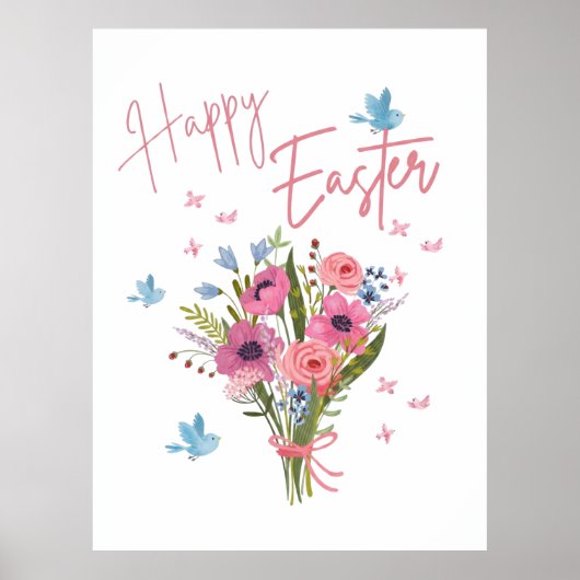 Poster Happy Easter Spring Floral Bouquet & Blue Birds (Devant)