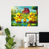 Poster Happy Easter Yellow Chicks in a Pond by a Red Barn (Bureau à domicile)