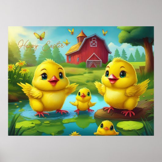 Poster Happy Easter Yellow Chicks in a Pond by a Red Barn (Devant)