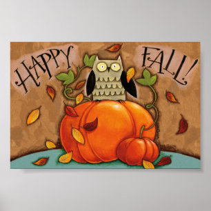 Poster Happy Fall Owl et Citrouille
