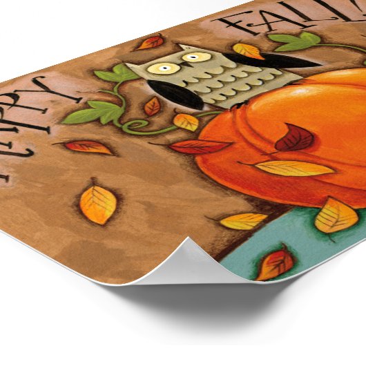 Poster Happy Fall Owl et Citrouille (Coin)
