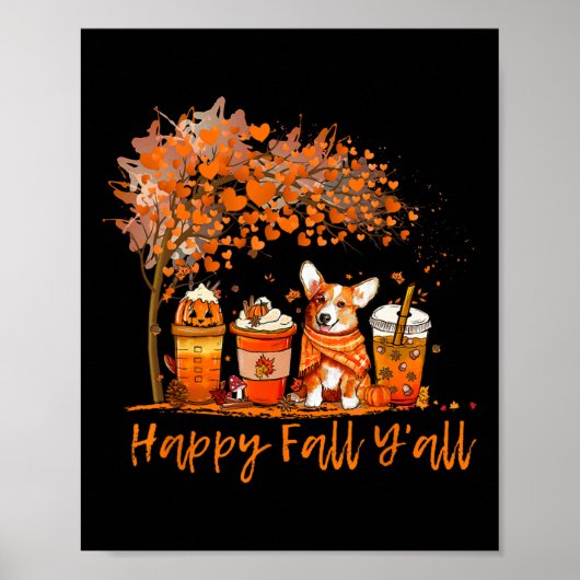 Poster Happy Fall Y'all Automne Corgi Halloween Citrouill (Devant)